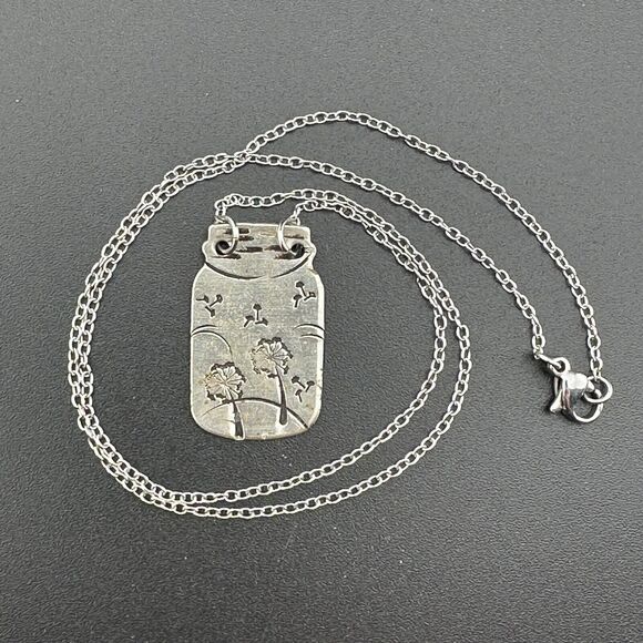 Stamped Silver-tone Metal Mason Jar with Dandelions Pendant Chain Necklace 9" - Picture 4 of 9